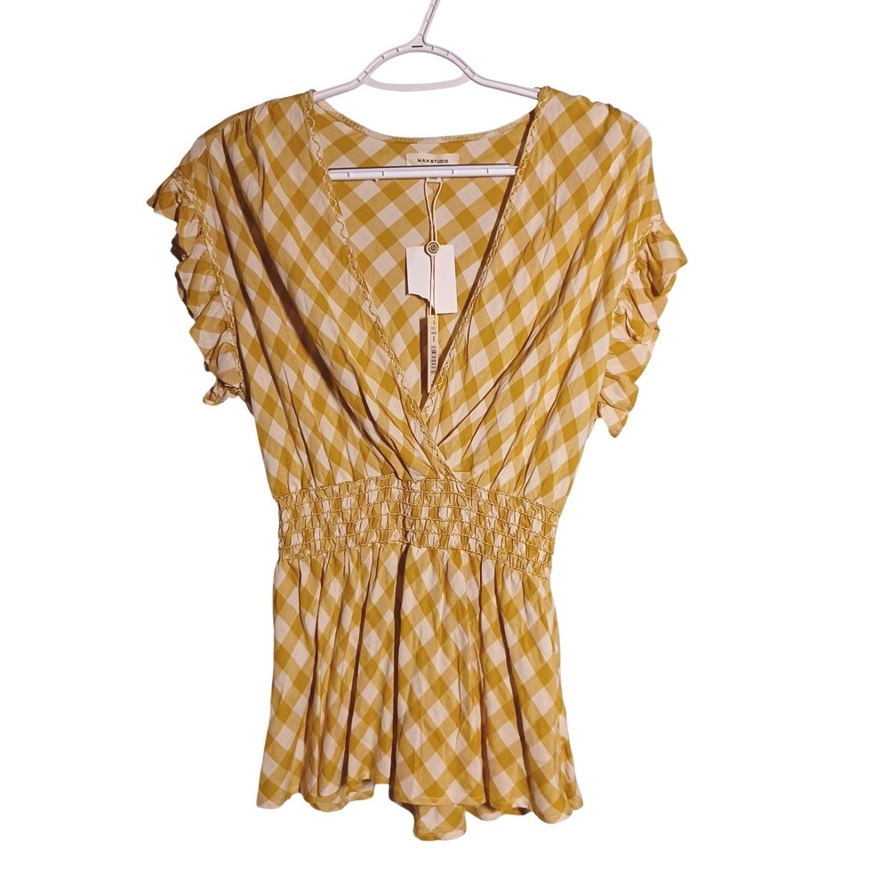 Max Studio Gingham Smocked Waist Flutter Blouse S Gold & Cream White Farm girl
